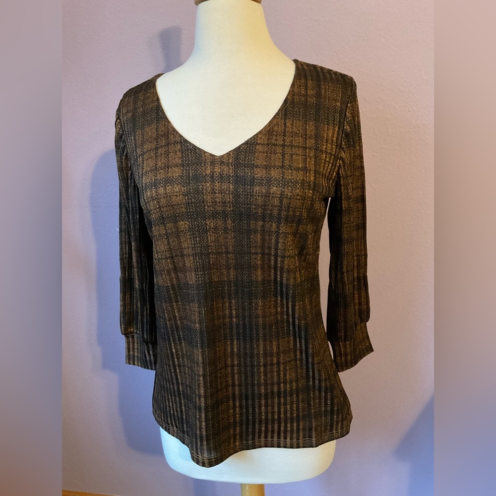 Premise‎ Brown Gold Metallic V Neck Long Sleeve Top Size Medium New